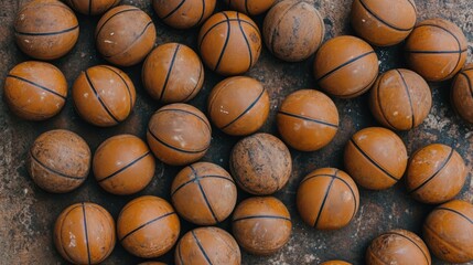 Obraz premium Many dirty basketballs on a surface