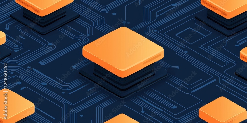 Poster a vibrant digital pattern featuring orange squares on a dark blue background, resembling circuit ele