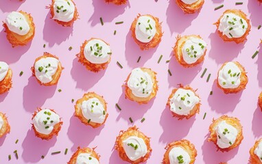 Crispy potato latkes with sour cream and chives, arranged on a pastel lavender background