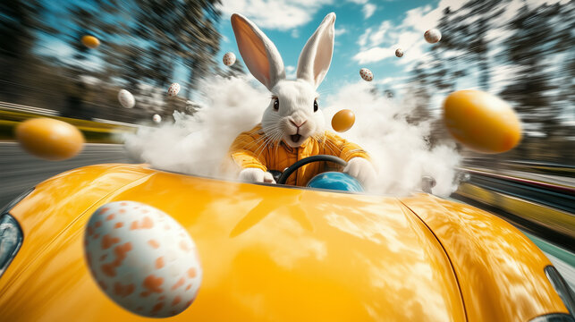 Osterhase als Rennfahrer f&auml;hrt schnell und wirbelt Ostereier auf