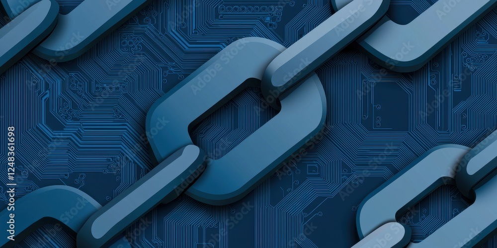 Poster A close-up of interlinked blue chains against a circuit-like background, symbolizing connectivity and technology.