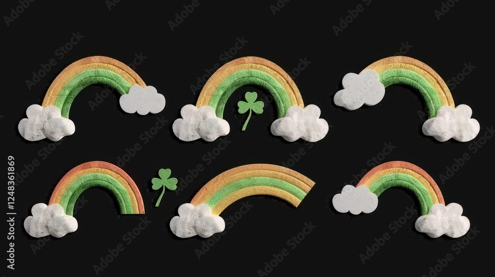Poster paper rainbow with clouds and shamrock on a black background for festive and playful occasions featu