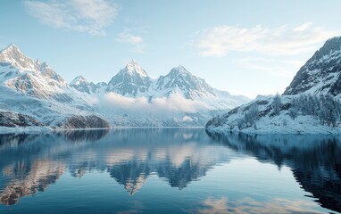 Crystal-clear alpine lake surrounded by snowy peaks, high-contrast professional edit