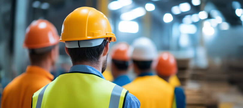 Gruppe von Arbeitern mit Fokus auf den Bauhelmen, symbolisiert die Themen Arbeitssicherheit und Unfallschutz
