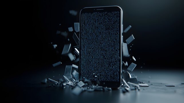Phone Screen Displaying Random Text with Fragments Bursting Around in a Dark Environment