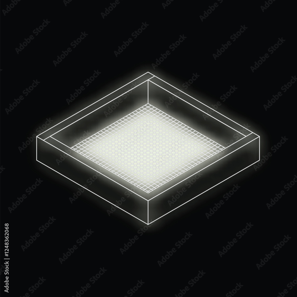 Poster white glowing rectangular wireframe box containing a grid on a black background, representing abstra