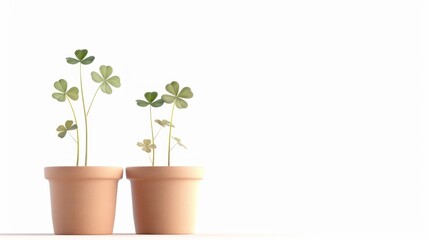 Obraz premium Green Plants in Simple Clay Pots on a Bright White Background, Ideal for Nature and Home Decor Themes, Symbolizing Growth and Renewal