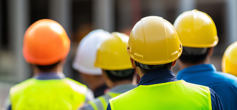 Gruppe von Arbeitern mit Fokus auf den Bauhelmen, symbolisiert die Themen Arbeitssicherheit und Unfallschutz