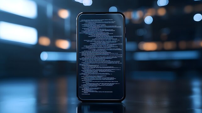 Phone Displaying Text in Dark Environment with Soft Lights and Scrolling Lines in Background