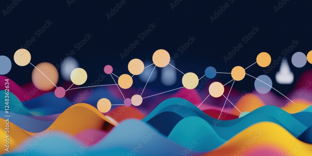 Aufkleber A vibrant abstract representation of interconnected nodes over colorful waves, symbolizing data flow and digital networks.