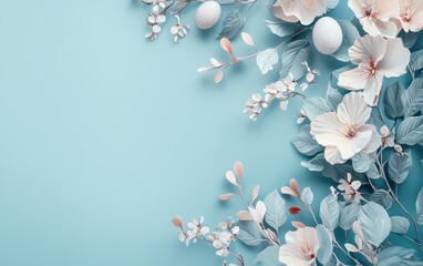 Elegant hand-painted floral details over a smooth pastel blue background for Easter