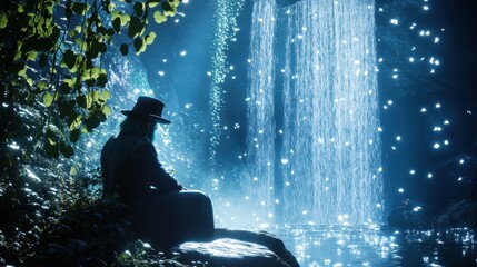 A lone figure meditates by a mystical waterfall