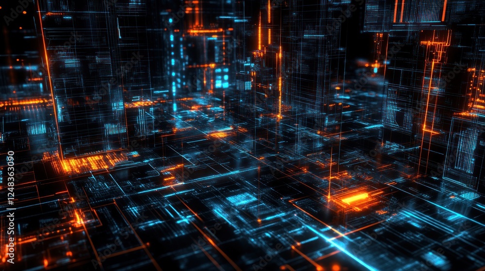 Poster abstract digital cityscape glowing lines and circuits