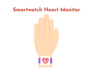 Hand-wearing smart watch on the wrist illustration. Smartwatch heart monitoring illustration.