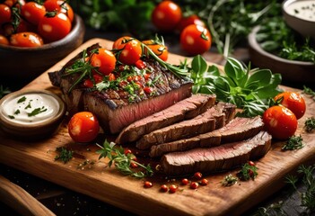 vibrant gastronomic delight featuring roasted spiced grilled steak slices rich garnishes fresh herb accompaniments, plate, flavors, herbs, cooking, texture
