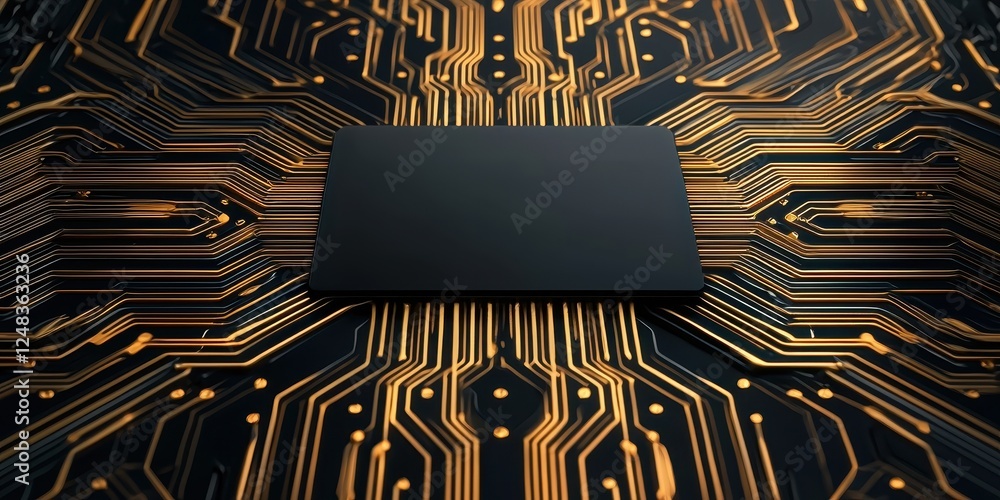 Poster A close-up view of a black microchip on a circuit board, featuring intricate gold lines and patterns, representing advanced technology and electronics.
