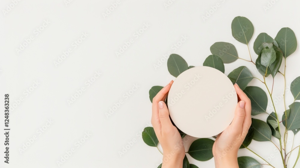 Poster hands holding blank circle platform surrounded by fresh greenery on soft neutral background for mini