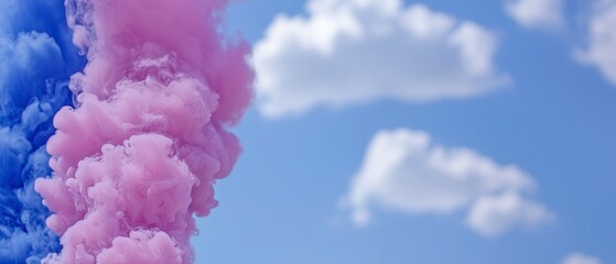 Fototapeta premium Pink And Blue Smoke Against A Cloudy Blue Sky
