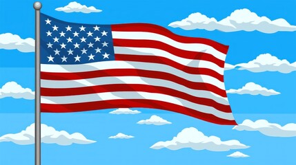Obraz premium American Flag Waving Against a Bright Blue Sky with Fluffy White Clouds in the Background for Patriotic Themes and Celebrations