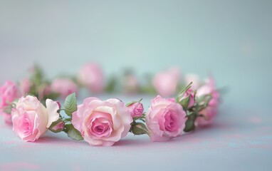 Fototapeta premium Delicate floral crown with pastel roses, Saint Valentines Day and 8 March International Womens Day