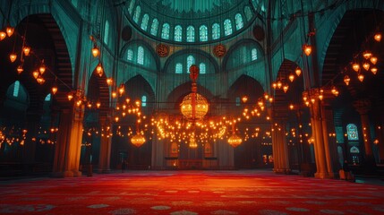 Obraz premium Illuminated Mosque Interior Featuring Ornate Architecture and Lighting