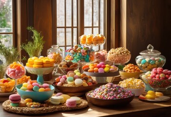 Fototapeta premium vibrant snack display featuring colorful treats delectable delights showcasing assorted sweets savory goodies, appetizers, bowls, biscuits, confection