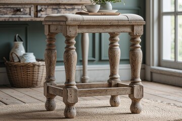 Fototapeta premium Classic Wooden Stool with Vintage Distressed Legs for Timeless Interior Seating