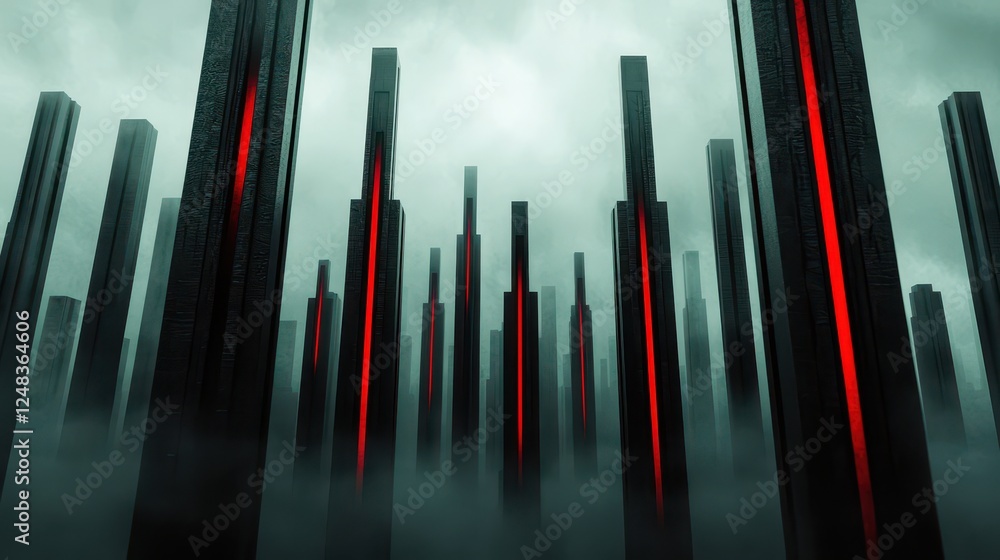 Poster a surreal landscape features towering black structures with red accents rising ominously through a m
