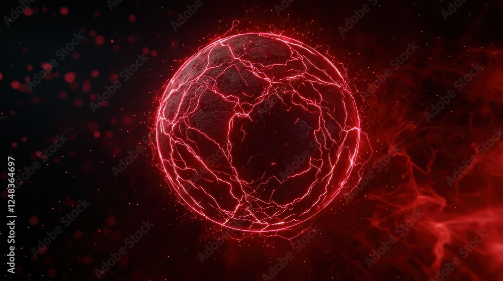 Poster A glowing red spherical object with electric-like patterns, set against a dark background, creating a futuristic and dynamic visual effect.