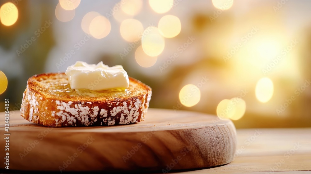 Poster toast with butter on rustic wooden plate warm bokeh lights in background