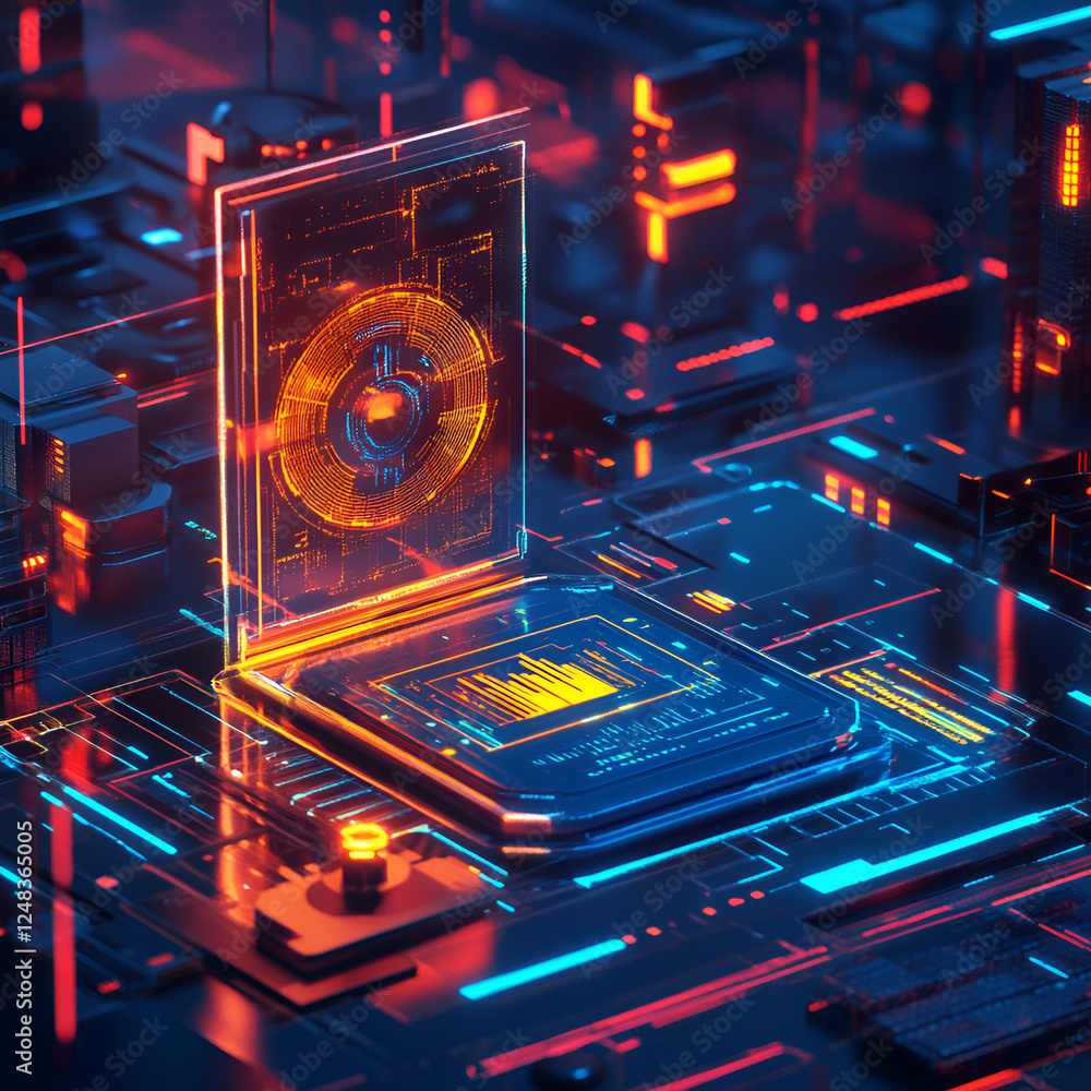 Poster abstract technology: a stylized and surreal representation of a cpu and a network. the futuristic ae