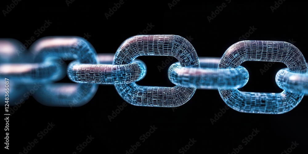 Poster A close-up view of a digital chain, showcasing interconnected links with a blue glow against a black background, emphasizing strength and connectivity.