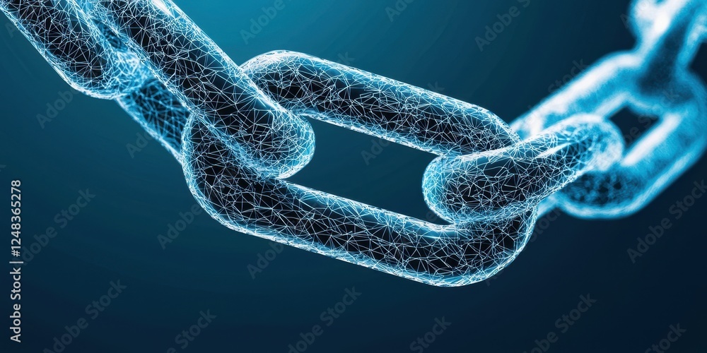 Poster a close-up of a digital chain link, featuring a glowing, futuristic design against a dark background