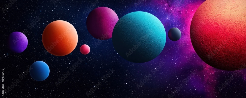 Poster a vibrant cosmic scene featuring colorful planets against a backdrop of deep space and swirling gala