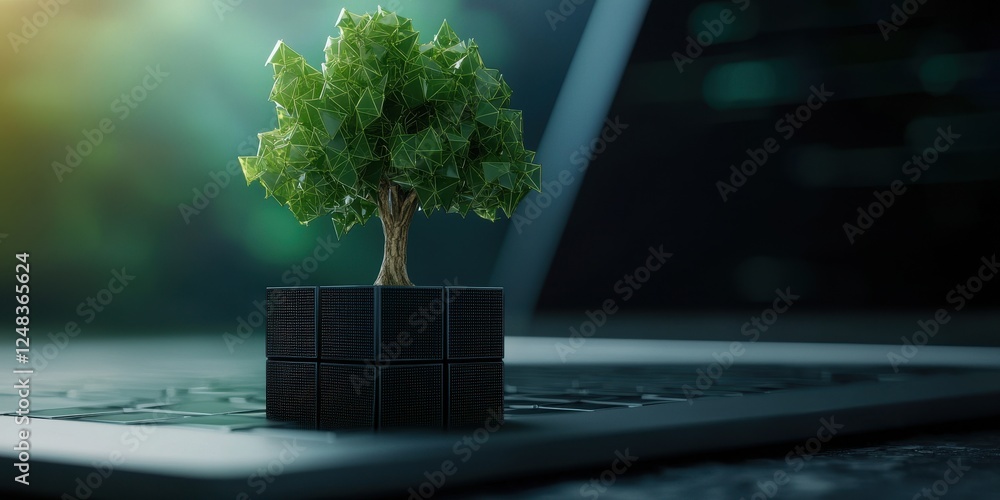 Poster a small green tree emerges from a black cube, positioned on a laptop keyboard, symbolizing the fusio