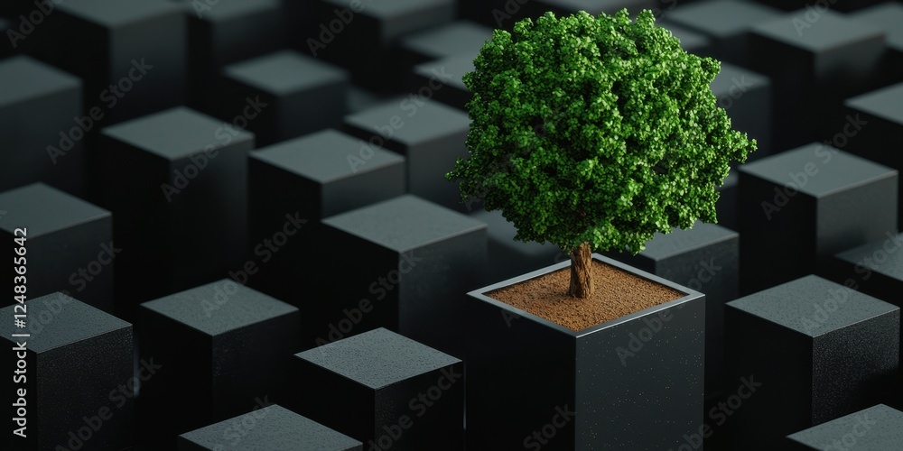 Poster a green tree stands alone in a black cube environment, symbolizing resilience and nature amidst a st