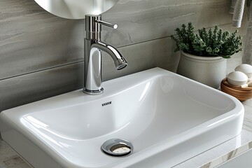 Fototapeta premium Modern White Bathroom Sink with Elegant Chrome Faucet Design