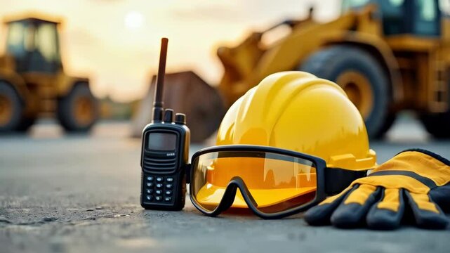 Construction safety equipment placed on a concrete surface - a bright yellow hard hat, reflective safety goggles and a pair of black and yellow work gloves