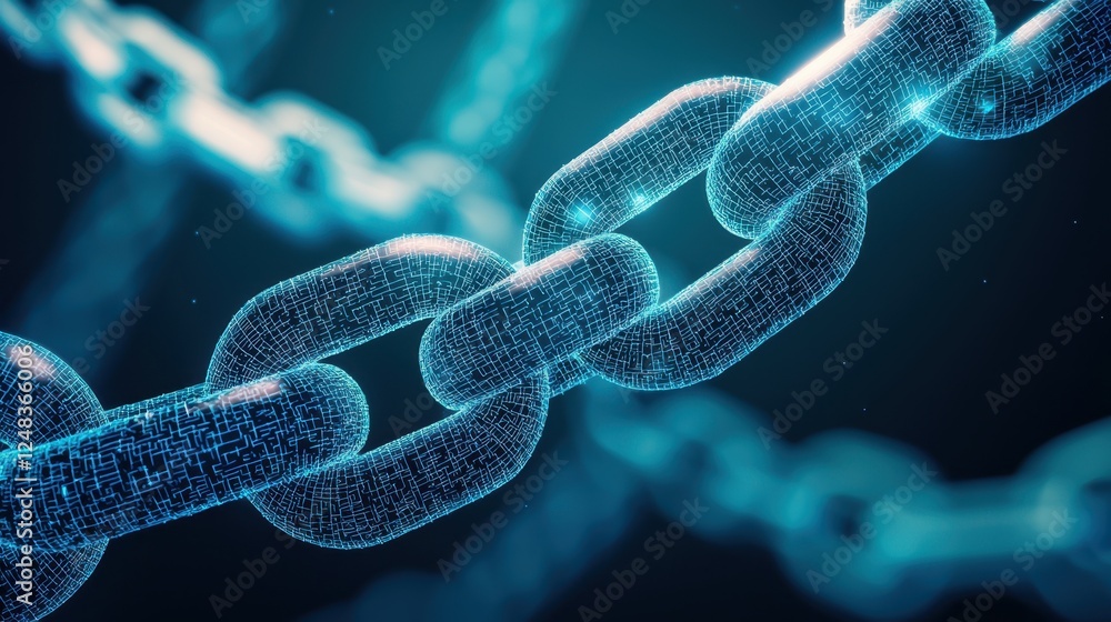 Poster a close-up view of a digital chain, representing connectivity, security, and technology in a futuris