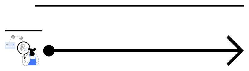 Obraz premium Person holding magnifying glass, examining document with check mark. Black horizontal line with arrow pointing forward. Ideal for progress, growth, analysis, direction, focus, objectives goals