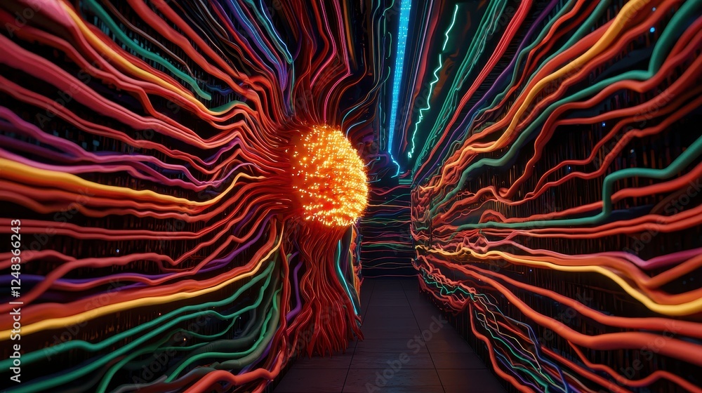 Poster A vibrant tunnel of light with colorful, flowing lines converging towards a glowing orb, creating a dynamic, energetic atmosphere.