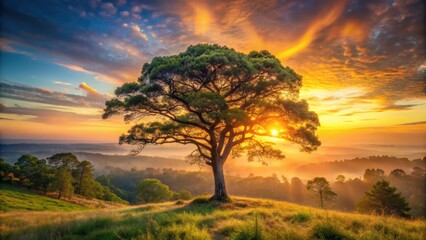 Fototapeta premium Majestic solitary tree silhouetted against a vibrant sunrise, overlooking a tranquil valley bathed in golden light.