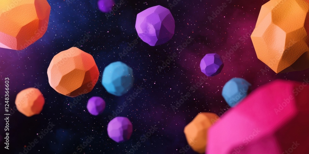 Poster Colorful geometric shapes float in a cosmic space, creating a vibrant, abstract scene that evokes a sense of wonder and exploration.