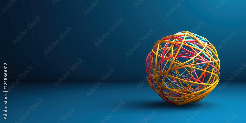 Poster A colorful ball made of intertwined rubber bands sits on a smooth blue surface, creating a vibrant and playful visual effect.