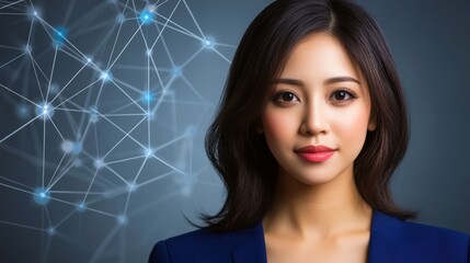 Interconnected network above woman, a visual representation of technology, communication and social connections in the digital age