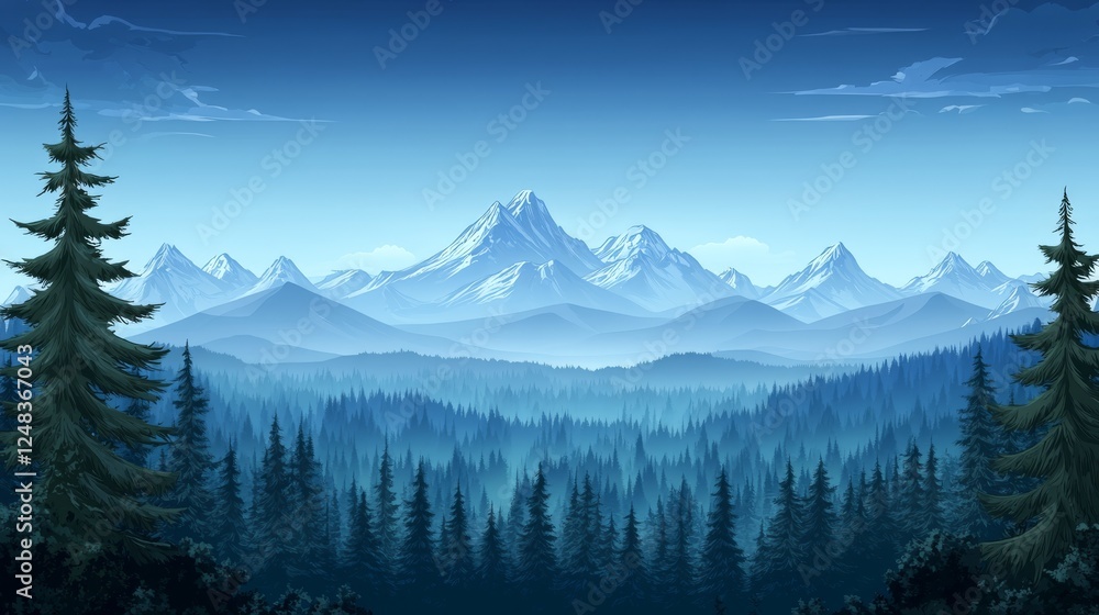 Wall mural Tranquil forest scene, majestic mountains and lush green trees in harmony