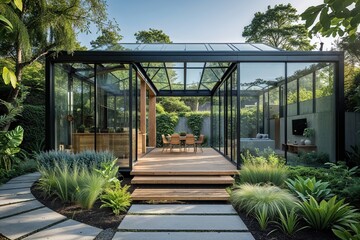 Fototapeta premium Contemporary Eco-Friendly Architecture Featuring Glass Design Amid Lush Greenery and Foliage