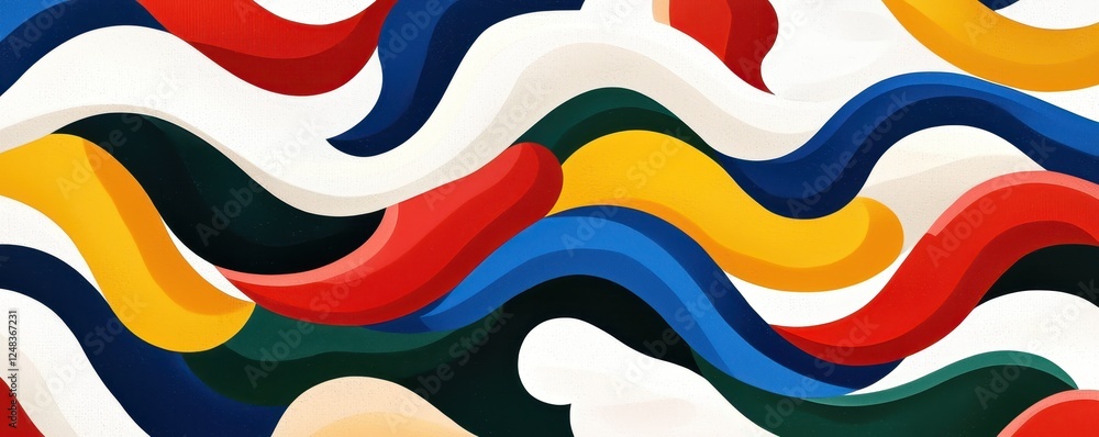Poster a vibrant abstract pattern featuring flowing, wavy lines in bold colors like red, blue, yellow, gree