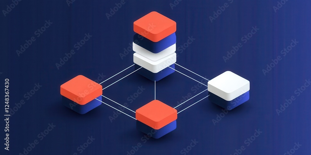 Poster a modern, abstract design featuring interconnected blocks in red, white, and blue, symbolizing techn