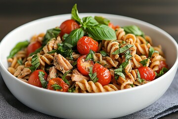 A delightful and nutritious dish of freshly prepared whole grain pasta tossed with the rich fragrant flavors of roasted garlic and the vibrant green of fresh basil leaves all served in a rustic